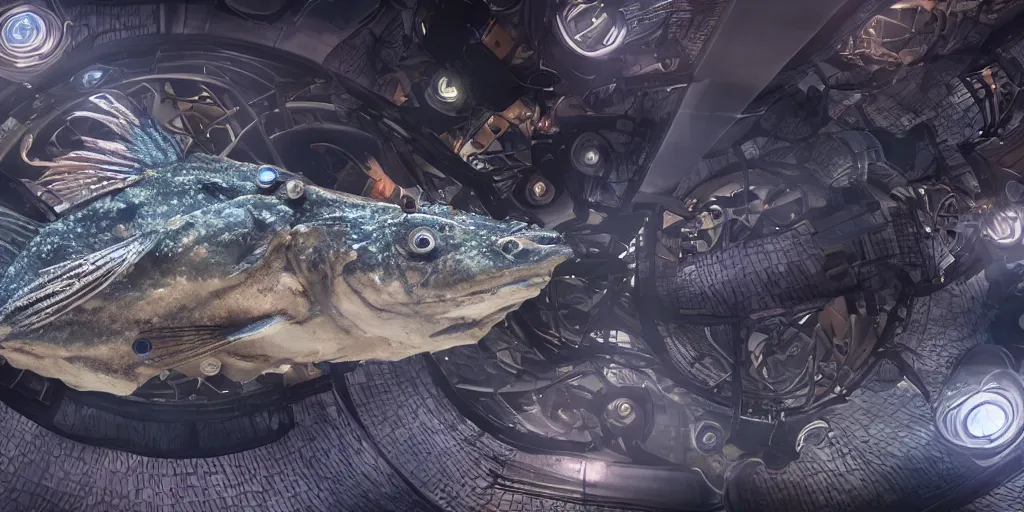 Image similar to low - angle medium shot of an steampunk tetrapod trigger fish from the future on its first day of driver's ed learning to parallel park. 8 k, 4 k, hq, 3 d render, digital art, dramatic lighting, comedy, science fiction, hyper realistic, ultra detailed. style of arrival, fifth element.