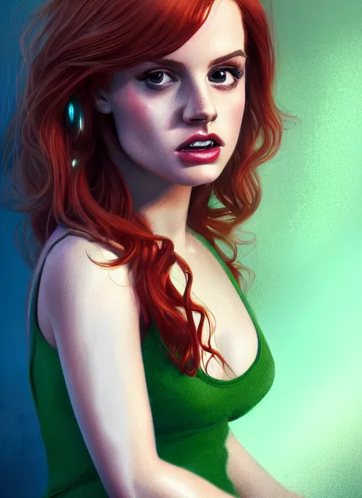 Image similar to full body portrait of teenage cheryl blossom, bangs, green eyes, mischievous expression, red hair, sultry smirk, bangs and wavy hair, intricate, elegant, glowing lights, highly detailed, digital painting, artstation, concept art, smooth, sharp focus, illustration, art by wlop, mars ravelo and greg rutkowski