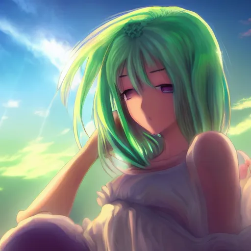 Image similar to anime girl with green hair meditating on a rock, beautiful face, pretty face, serene, sunshine rays, 8 k resolution, digital art