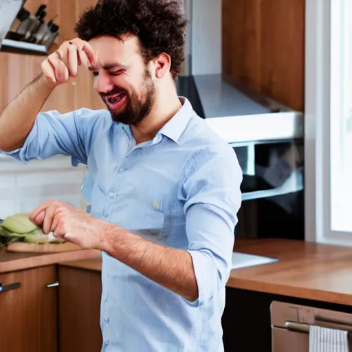 Prompt: photo of a man dancing in the kitchen, the kitchen is a mess, shutterstock, getty images, istockphoto,