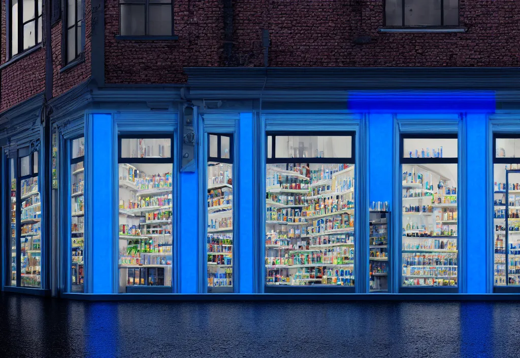 Prompt: old shopfront with blue wax lava lamps in the windows on shelves, the blue glow softly illuminating a wet road, 2 - point perspective from the street, photoreal octane render, night, detailed illustration