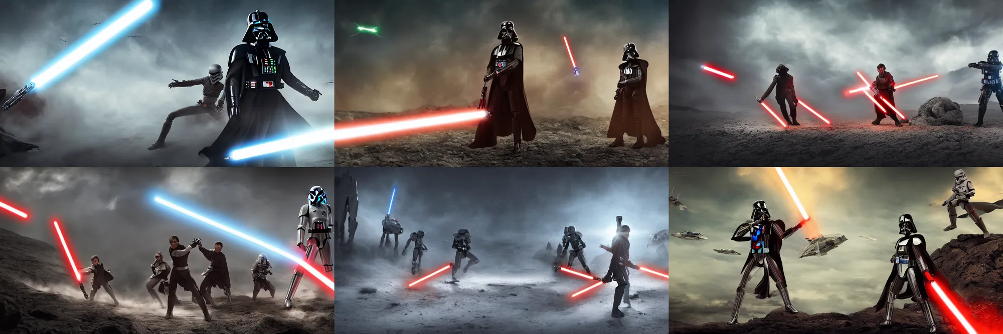 Prompt: star wars evoki on mech vs siths with lightsaber on black star, panoramic, epic, cinematic light, film, dramatic light, explosion, realistic, render, photo