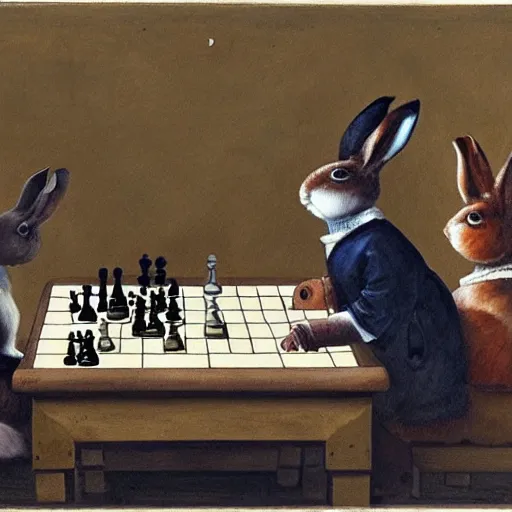 Prompt: two rabbits playing chess inside a ballroom, watercolour realism