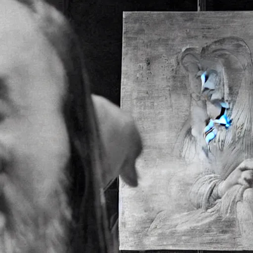 Prompt: rare old photo from behind of leonardo da vinci painting his unfinished painting of monalisa date 1 5 0 3