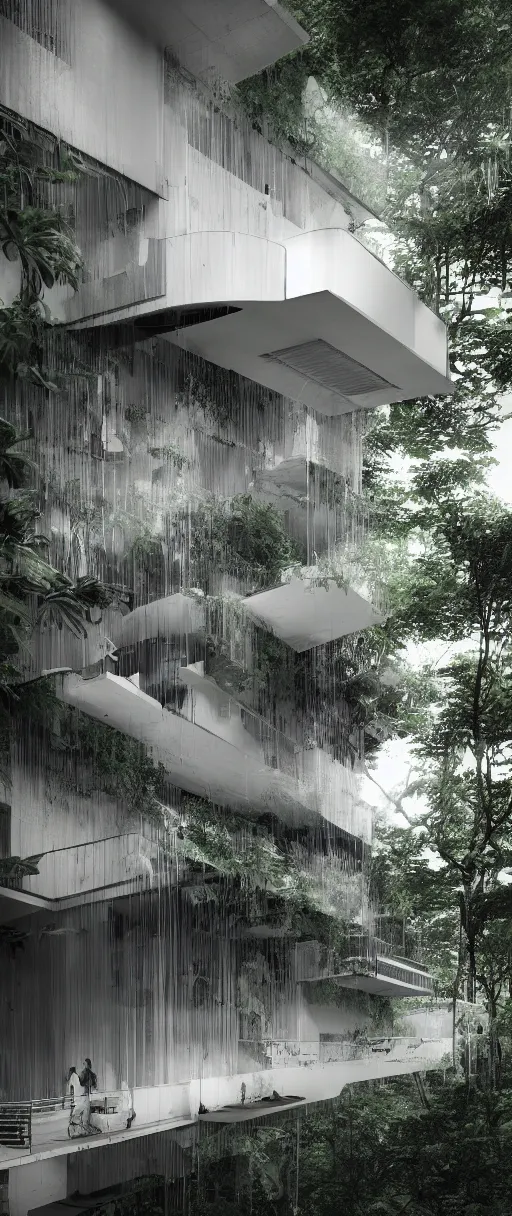 Image similar to architecture inspired by le corbusier in the rainforest. nature is taking over. upside down. metabolism. octane render. global illumination. atmospheric. photorealistic. color scheme black and white.