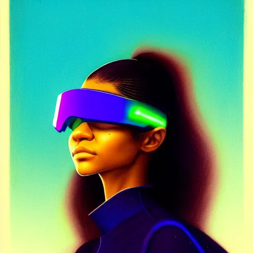 Image similar to zendaya wearing opaque reflective goggles profile picture by Greg Rutkowski, brown skin, very long hair, dune, asymmetrical, futuristic, neon volumetric lights, cool colors, streetwear, studio ghibli, Organic Painting , Matte Painting, geometric shapes, hard edges, street art, trending on the artstation, fantasy LUT, realistic by Sachin Teng + Martin Grip + Moebius, techwear, Industrial Scifi, detailed illustration, character portrait,