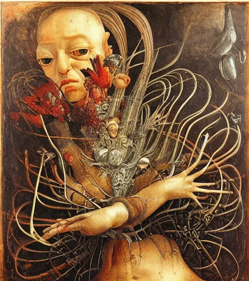 Image similar to an oil painting by botticelli, by arcimboldo, by yoshitaka amano, by beksinski, by giger, by hieronymus bosch seen through a kaleidoscope, detailed, high resolution, scratches