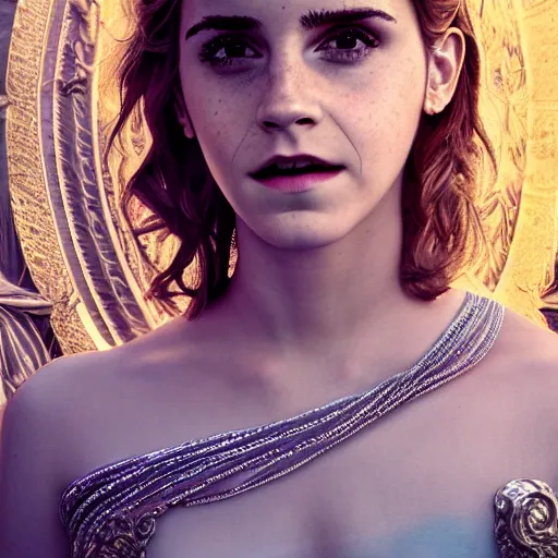 Image similar to Emma Watson as a Greek Goddess, Sony a7R IV, symmetric balance, polarizing filter, Photolab, Lightroom, 4K, Dolby Vision, Photography Award