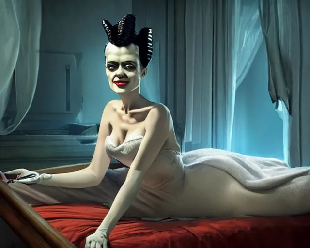 Prompt: phtorealistic modern pin up of the bride of frankenstein posing in a bed in the room of a sanatarium, full body, campy color scheme, realistic, center, smooth, detailed, 8 k, artstation, octane render, ambient lighting, daniela uhlig