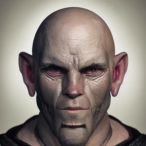 Prompt: portrait of a 5 0 - year - old draconic man with a bold head and shave face with scar on his face, wearing a simple robe, hyper realistic face, beautiful eyes, character art, art by mark brooks, hyperdetailed, cryengine, trending on artstation, digital art