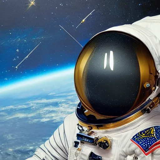 Prompt: “astronaut on board international space station wearing black space suit and gold helmet, highly detailed, realistic, portrait, photorealistic, proportional, beauty, fish eye lens, nasa, spacex, in the style of Edward hooper oil painting sun rising”