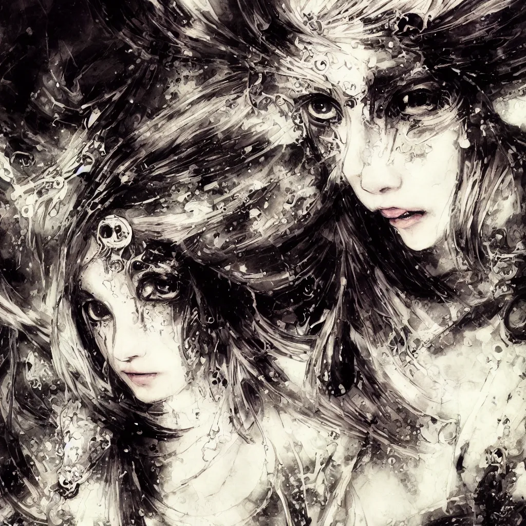 Image similar to Yoshitaka Amano blurred and dreamy illustration of an anime girl with pirate eye patch, wavy white hair and cracks on her face wearing Elden ring armour with the cape fluttering in the wind, abstract black and white patterns on the background, noisy film grain effect, highly detailed, Renaissance oil painting, weird portrait angle