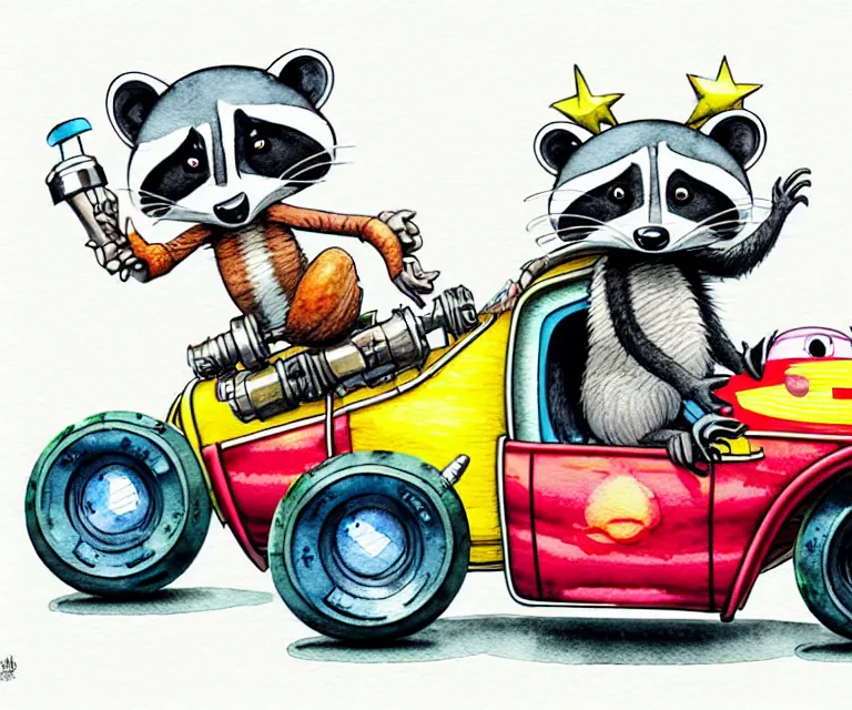 Prompt: cute and funny, racoon wearing a helmet riding in a tiny hot rod with oversized engine, ratfink style by ed roth, centered award winning watercolor pen illustration, isometric illustration by chihiro iwasaki, edited by range murata, tiny details by artgerm and watercolor girl, symmetrically isometrically centered and in focus