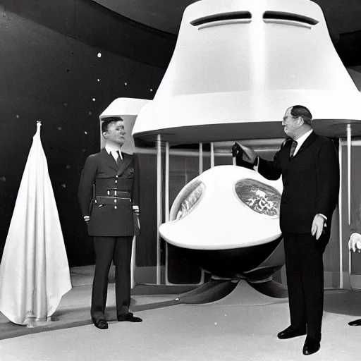 Prompt: The French President Charles de Gaulle inaugurating the first faster than life spaceship in 1969