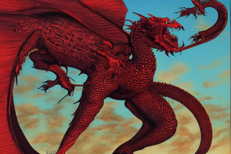 Prompt: red scaled dragon facing camera by larry elmore and vincent di fate