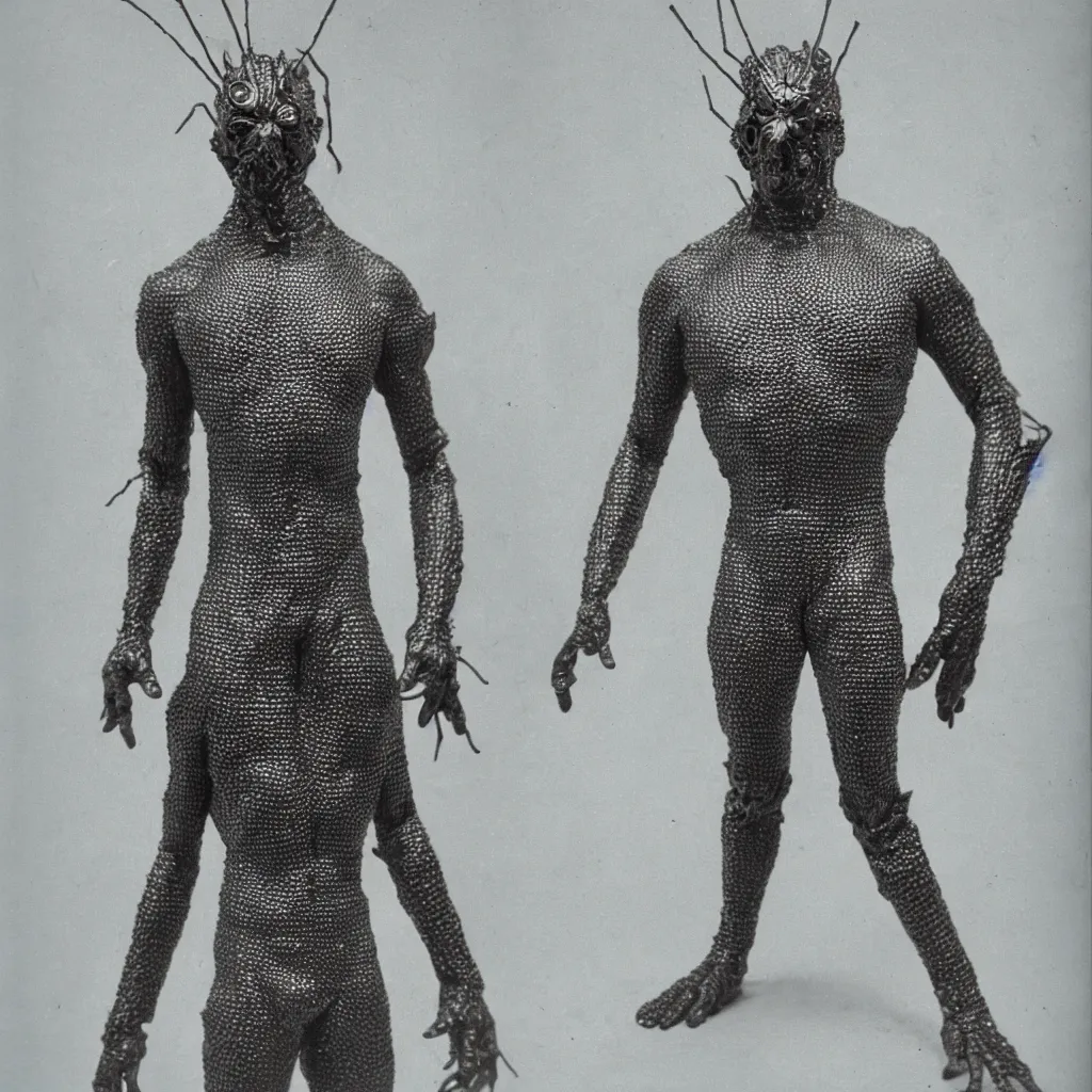 Image similar to an ultra detailed insect man half body front view in kodak 7 0 s film look