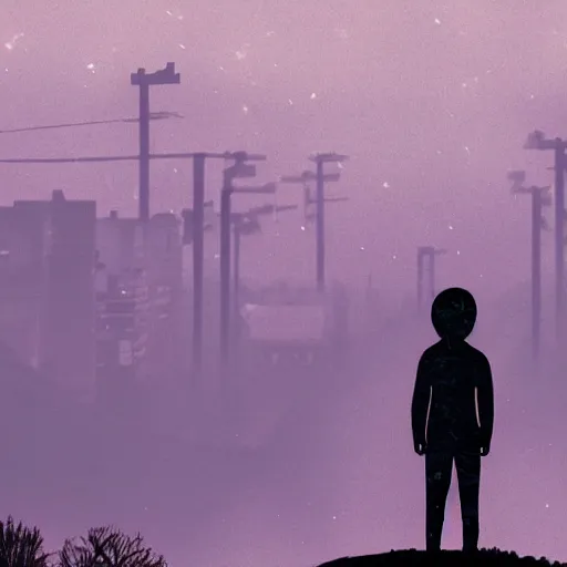 Prompt: an image of a character in silhouette looking out to the world. Photograph in the style of Simon stälenhag