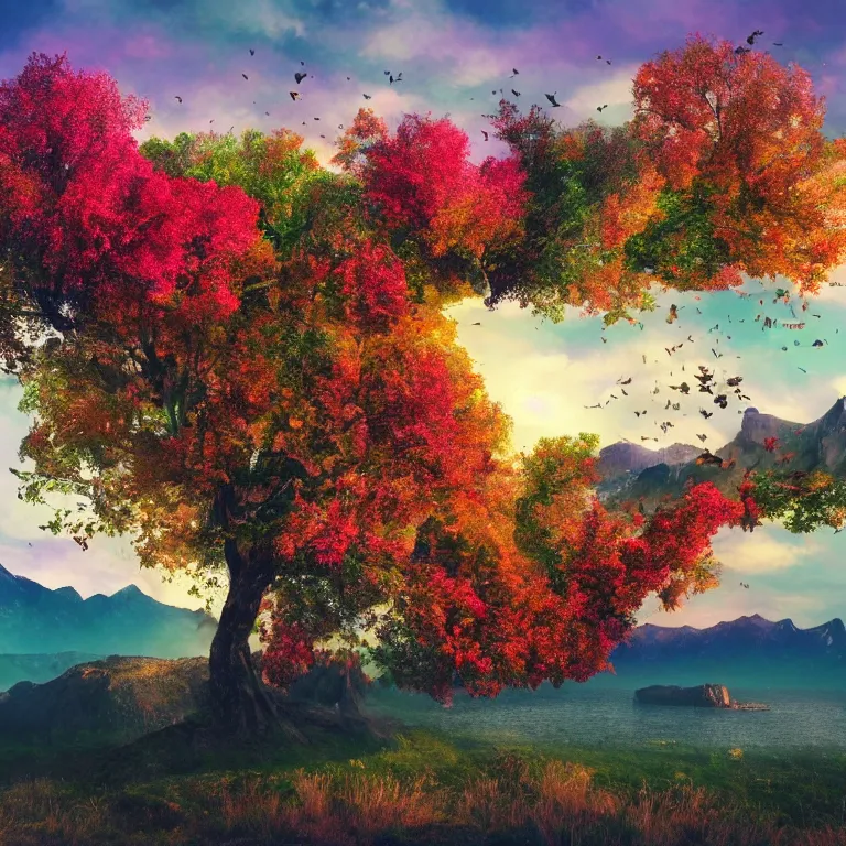 Image similar to a beautiful awesome artistic tree with falling flowers like leaves and many birds, all in the amazing outdoors view, mountain in the background, lake, long exposure, 8 k resolution, trending on artstation