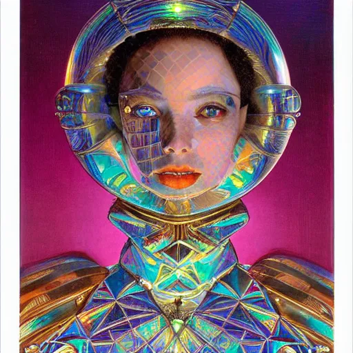 Image similar to close - up renaissance portrait of an iridescent art deco android priestess, reflective detailed textures, highly detailed fantasy science fiction painting by moebius, norman rockwell and william holman hunt and syd mead. elaborate geometric ornament, rich colors, high contrast. artstation