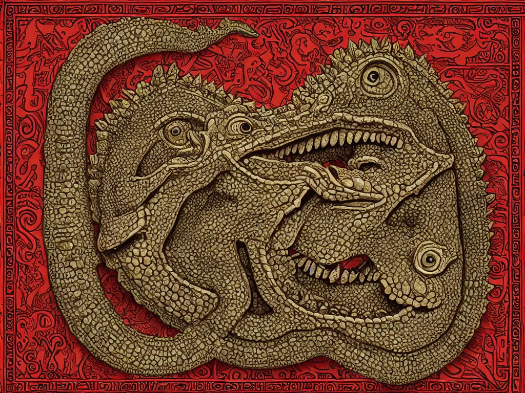 Prompt: pre - columbian mesoamerican book decorative border frame, crocodile reptilian motifs, d & d, fantasy, intricate, elegant, highly detailed, digital painting, artstation, illustration, hearthstone