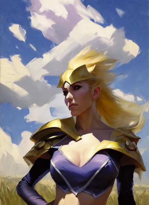 Image similar to Greg Manchess painting of Syndra from League of Legends, countryside, calm, fantasy character portrait, dynamic pose, above view, sunny day, thunder clouds in the sky, artwork by Jeremy Lipkin and Giuseppe Dangelico Pino and Michael Garmash and Rob Rey, very coherent asymmetrical artwork, sharp edges, perfect face, simple form, 100mm