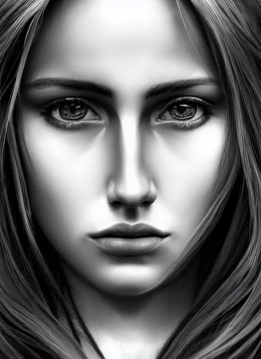 Image similar to up close portrait of a beautiful woman in black and white, photorealistic, intricate hair, art by diego fazio and diegoKoi and oscar Ukono, concept art, sharp focus, artgerm, 8k highly detailed