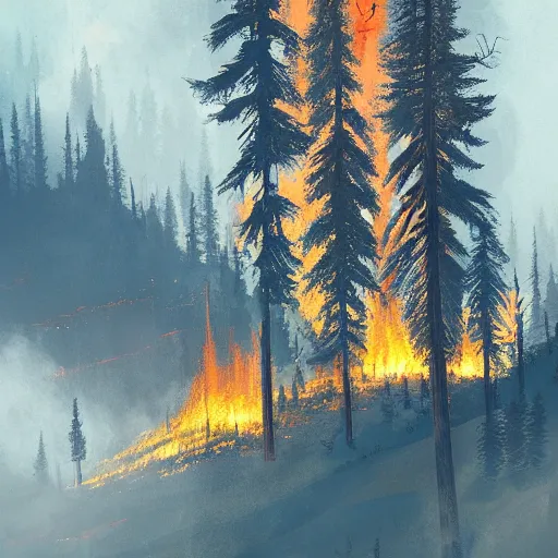 Image similar to forest fire in the Rocky Mountains, by Ismail Inceoglu,