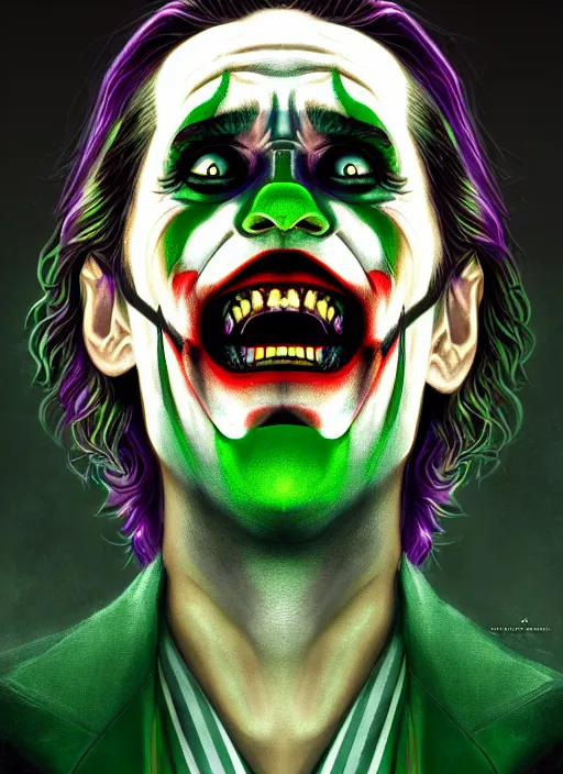 Image similar to portrait of jared leto as the joker, green hair, intricate, elegant, glowing lights, highly detailed, digital painting, artstation, concept art, sharp focus, illustration, art by wlop, mars ravelo and greg rutkowski