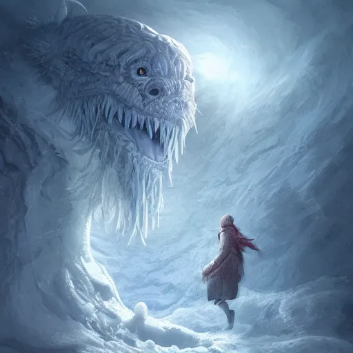 Image similar to A monster in the Arctic covered in snow, fractal Lighting, by Stanley Artgerm Lau, WLOP, Rossdraws, James Jean, Andrei Riabovitchev, Marc Simonetti, and Sakimichan, trending on artstation