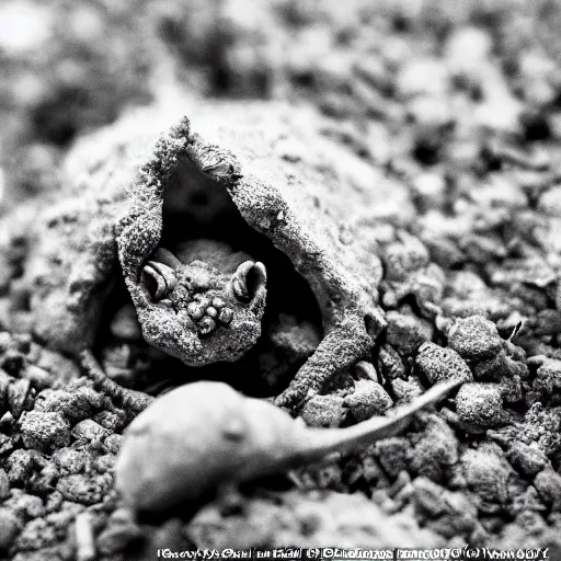 Image similar to scanning electron microscope image of microscopic goblin hiding amongst detritus