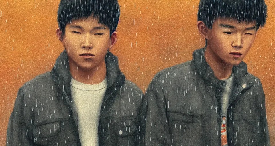 Prompt: teenage, boy, half asian, cute, portrait, close-up, industrial background, autumn, rainy, foggy, utopian looking, 80s, moody, drawn, artwork by Simon Stalenhag