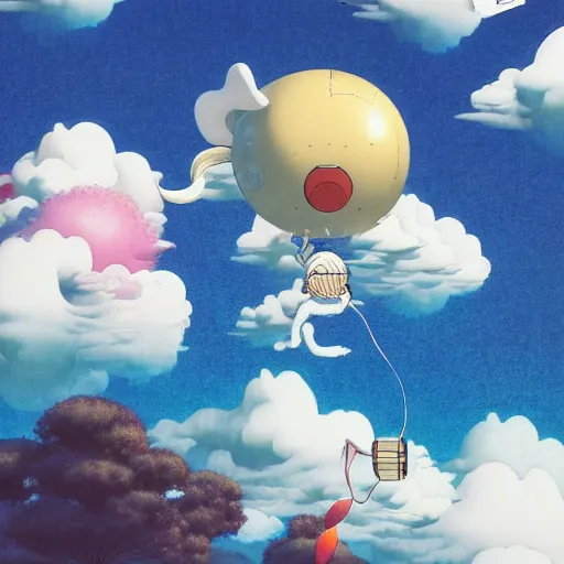 Image similar to a man walking on clouds above kyoto by takashi murakami, beeple and james jean, aya takano color style, 4 k, super detailed