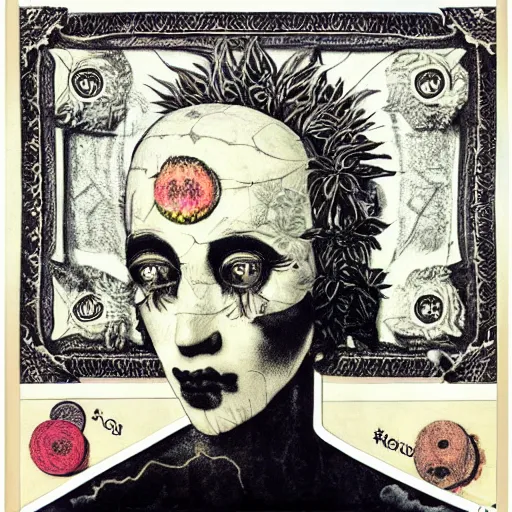 Prompt: post - punk new age album cover, white fabric banner on the top, asymmetrical design, dollar bank notes, capitalism, magic, apocalypse, psychedelic, black white pink, magic, giger h. r., giuseppe arcimboldo