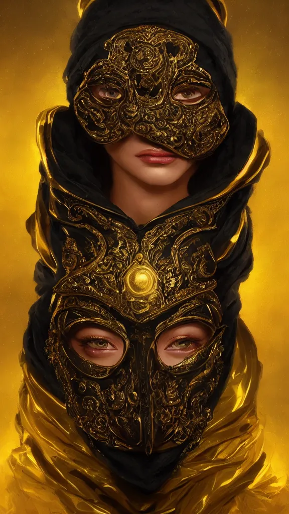 Image similar to black decadent hood, gold intricately detailed ornate metal mask, ornate background, portrait, realism, cinematic lighting, specular lighting, 8 k, artstation, octane render, peter mohrbacher, alfonso mucha, zdzisław beksinski