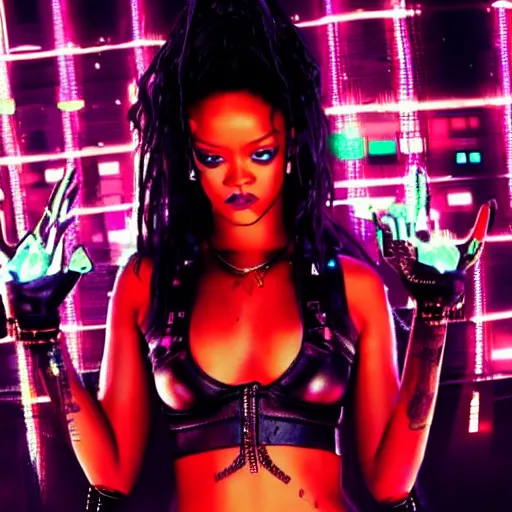 Image similar to rihanna as cyberpunk goddess in neon city