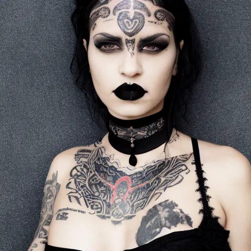 Image similar to a portrait of a goth female with maori tattoos and a lace choker, dark eyes, dark hair, olive skin, depth of field, zeiss lens, detailed, centered, artstation, fashion photoshoot, by Annie Leibovitz and Steve McCurry, David Lazar, Jimmy Nelsson, Breathtaking, 8k resolution, extremely detailed, beautiful, establishing shot, artistic, hyperrealistic, beautiful face, octane render