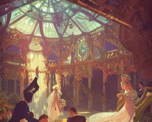 Image similar to a wedding in a swimming pool, photography of kurzgesagt, deep focus, d & d, fantasy, intricate, elegant, highly detailed, digital painting, artstation, concept art, matte, sharp focus, illustration, hearthstone, art by artgerm and greg rutkowski and alphonse mucha