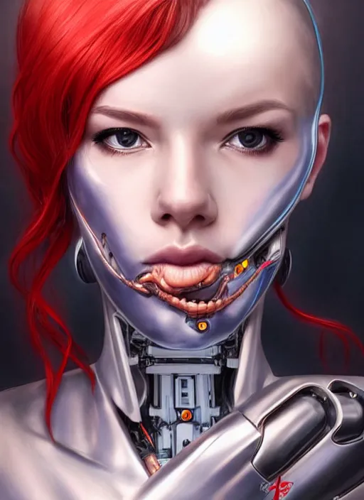 Image similar to portrait of a cyborg woman who turns her head to the ((((((right))))) left+350 (((((up+1))))) (((((down))))) by Artgerm,eyes closed , biomechanical, hyper detailled, trending on artstation