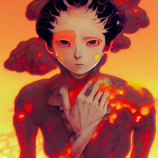 Image similar to prompt : magma character portrait soft light painted by james jean and katsuhiro otomo and erik jones, inspired by evangeleon anime, smooth face feature, intricate oil painting, high detail illustration, sharp high detail, manga and anime 1 9 9 9