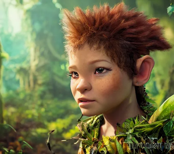 Prompt: epic fantasy comic book style portrait painting of an extremely cute and adorable very beautiful junglepunk feral halfling na'vi from avatar covered in leaves, character design by mark ryden and pixar and hayao miyazaki, unreal 5, daz, hyperrealistic, octane render, cosplay, rpg portrait, dynamic lighting, intricate detail, summer vibrancy, cinematic