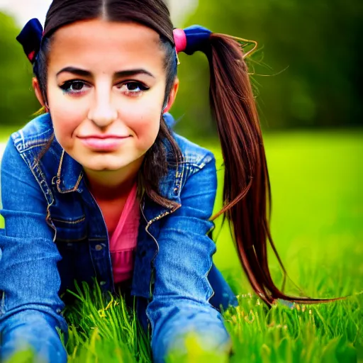 Prompt: a young spanish girl plays on a great green meadow, she wears a jacket, jeans and boots, she has two ponytails, photo taken by a nikon, highly detailed, sharp focus