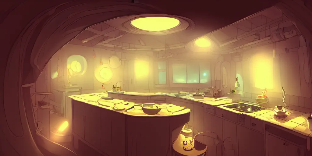 Prompt: naive nerikomi, weird perspective, extra narrow, detailed illustration of a kitchen dim lit by flashlight in a scenic spiral environment by ghibli, trending artstation, sci - fi art