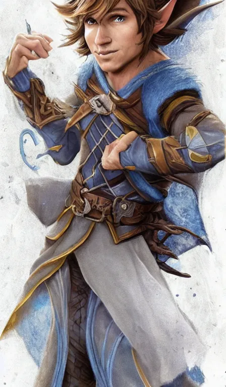 Image similar to cute whimsical half - elf sorcerer rogue running leaving a trail of lightning, brown leather tunic, ( ( ( ( ( ( chris pratt ) ) ) ) ) ), light grey - blue hair, d & d, fantasy, portrait, highly detailed, digital painting