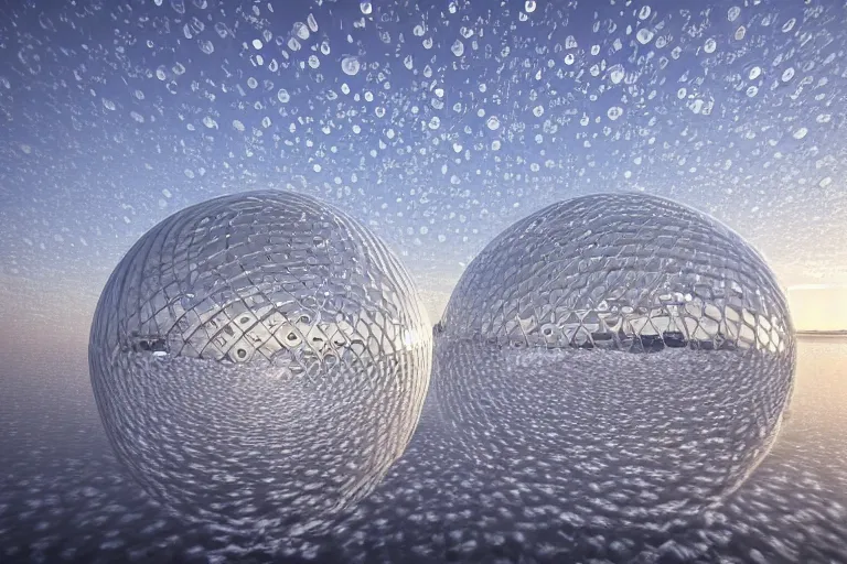 Image similar to a building formed by many white spherical bubbles arranged and combined in space, on the calm lake, people's perspective modern curved architecture, future, award winning, highly detailed 4 k art, dusk, by kazuyo sejima