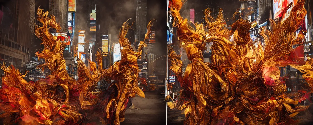 Prompt: 'Deamons unleashed in Times Square' by István Sándorfi royally decorated, whirling smoke, embers, gold adornements, gilt silk torn fabric, radiant colors, fantasy, perfect lighting, studio lit, volumetric lighting, micro details, 3d sculpture,