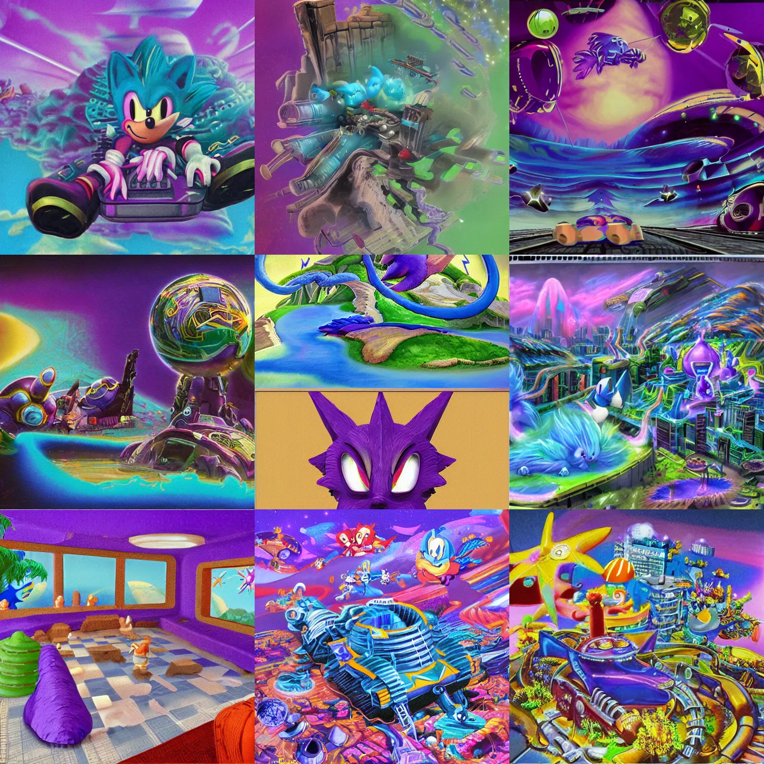 Prompt: sonic hedgehog dreaming portrait deconstructivist claymation scifi matte painting landscape of a surreal stars, jazz cup detailed professional soft pastels high quality airbrush art album cover of a liquid dissolving airbrush art lsd sonic the hedgehog swimming through cyberspace purple teal checkerboard background 1 9 9 0 s 1 9 9 2 sega genesis rareware video game album cover