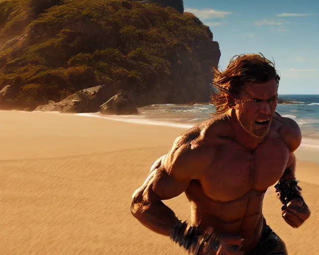 Image similar to single spartan running on australian beach, epic award winning action cinematic still from the movie 3 0 0, 8 k, global illumination, detailed face, muscles, rim highlights, hyper realistic