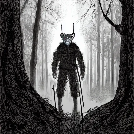 Image similar to hyper-detailed digital painting of a masked man in a dark forest, by kim jung gi