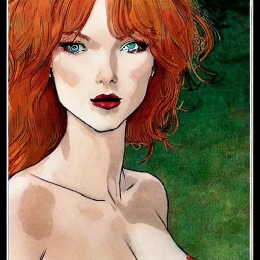 Image similar to a beautiful redhead girl, green eyes, milo manara style