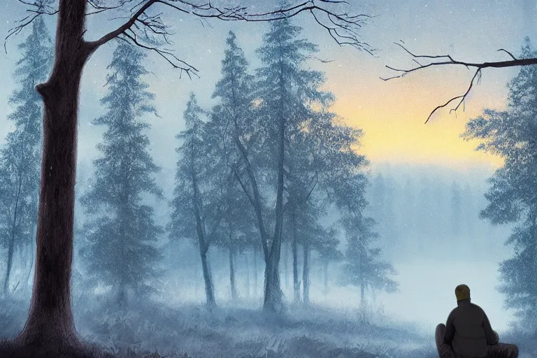 Prompt: ryan church jon mccoy concept art mood painting man sitting in tree winter watching beautiful december sunrise detailed forest